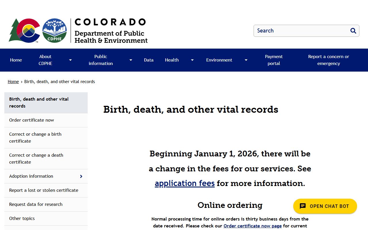 CDPHE Vital Records main page showing services and ordering options