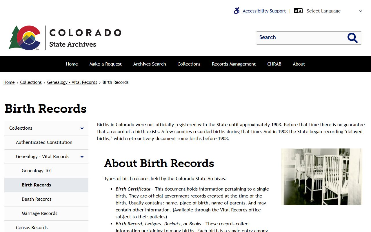Colorado State birth records information page