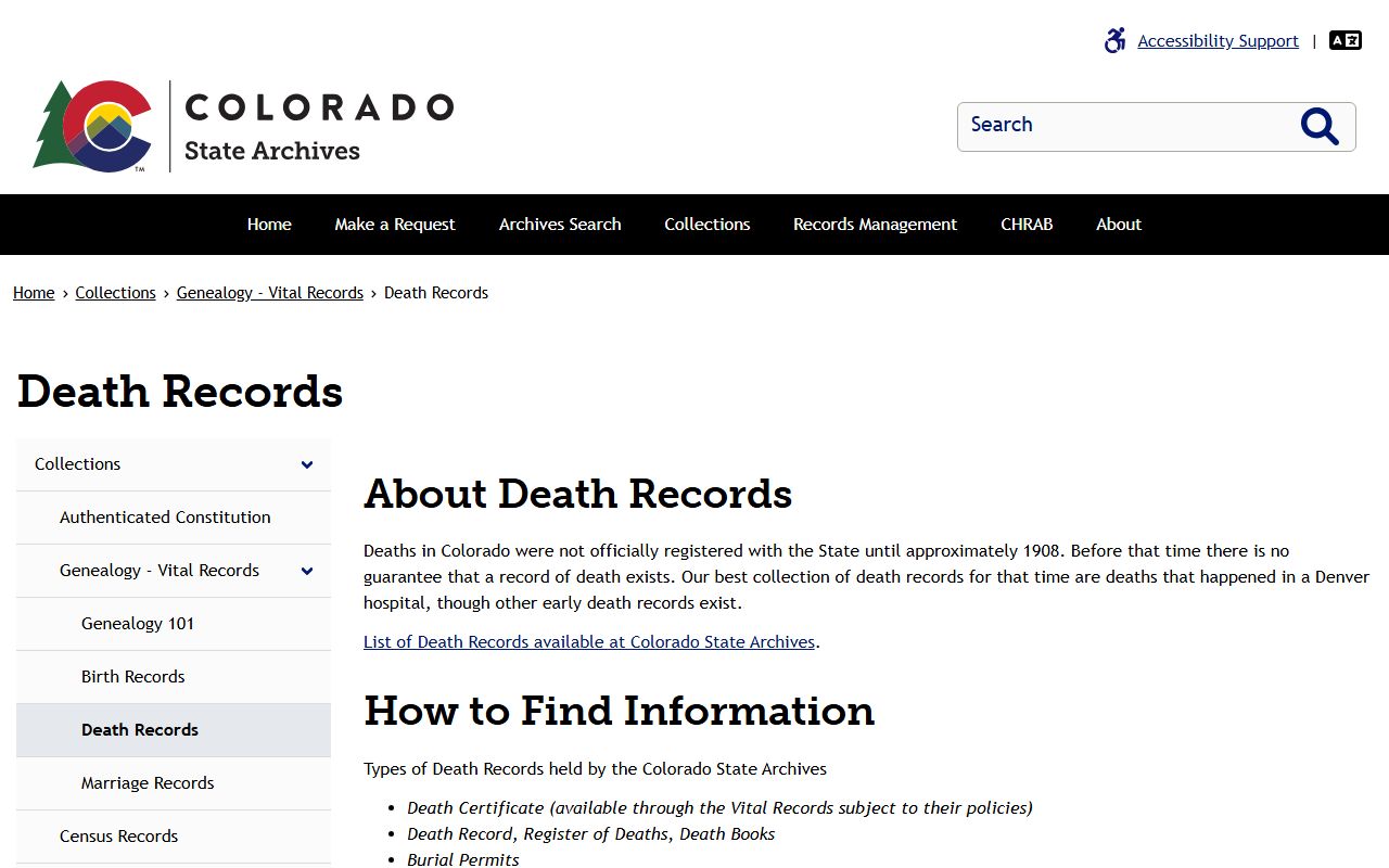 Colorado State death records information page