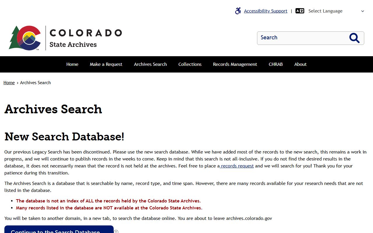 Colorado Archives database search portal for genealogy research