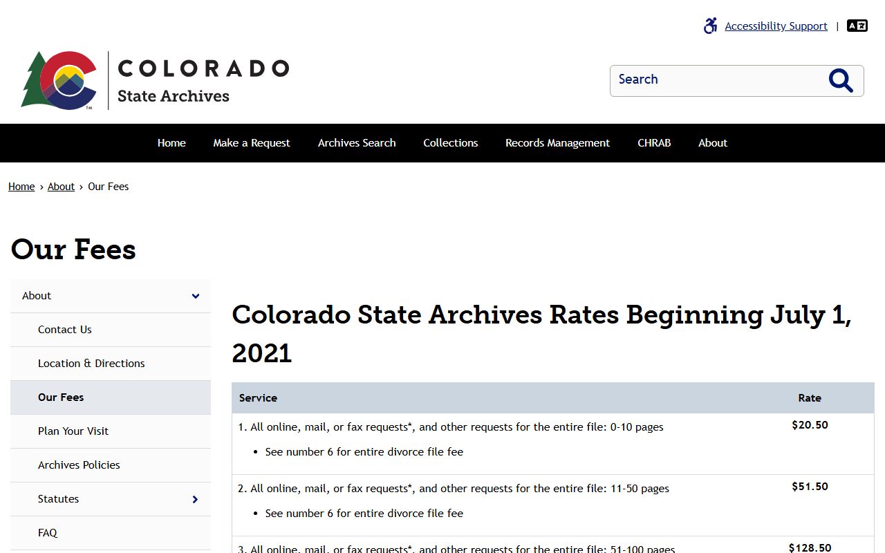 Colorado Archives fee schedule for records requests