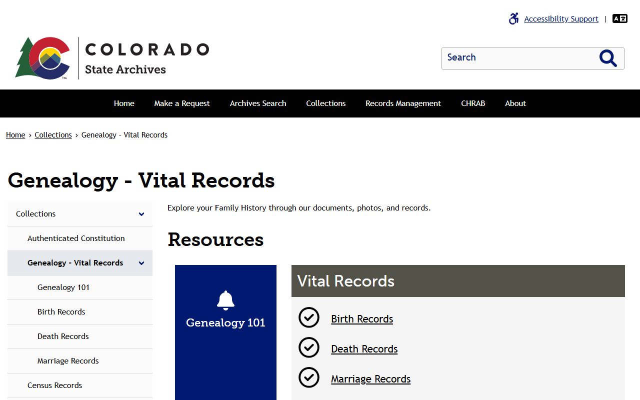 Colorado State Archives genealogy main page showing vital records collections