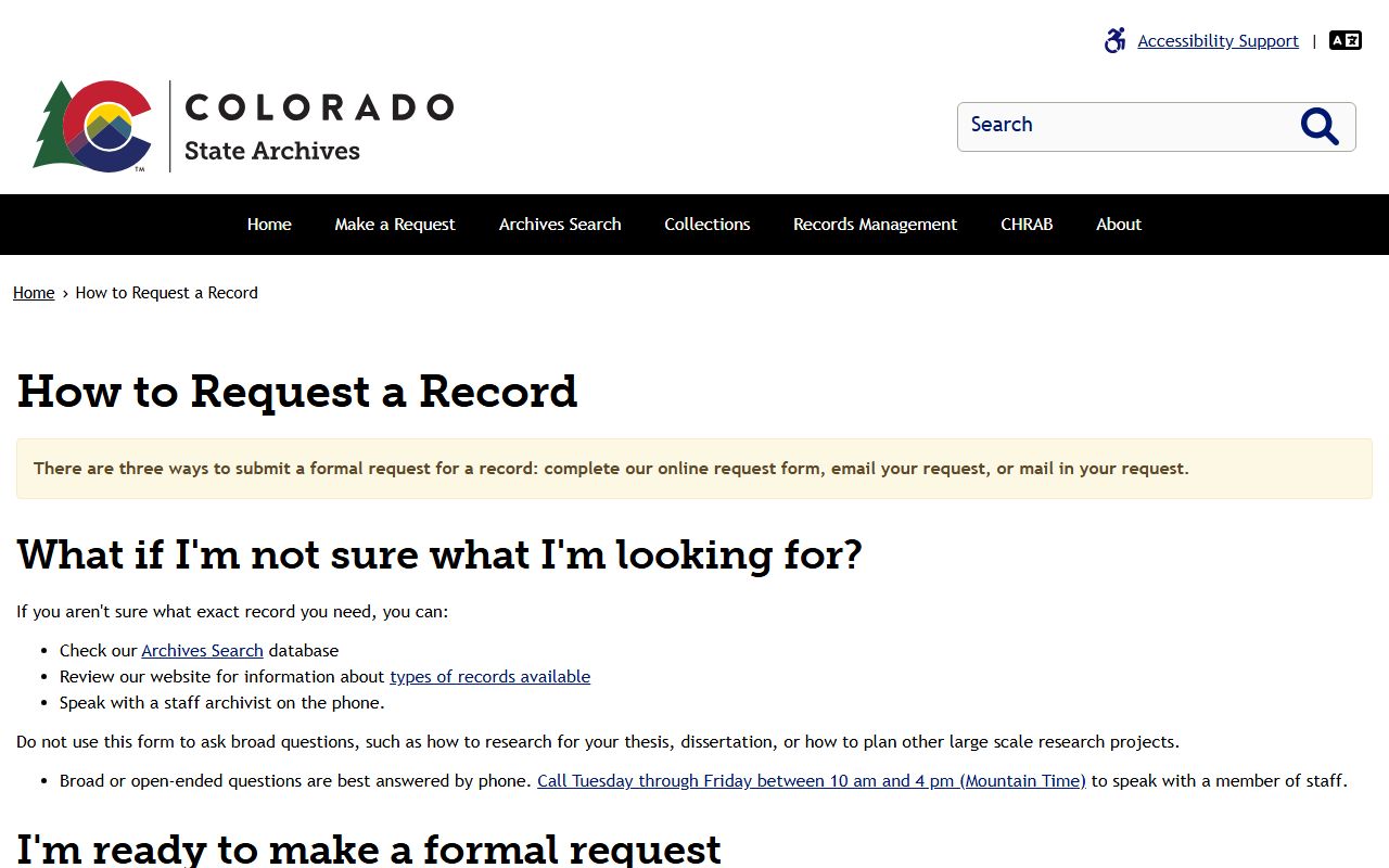 Colorado Archives records request page