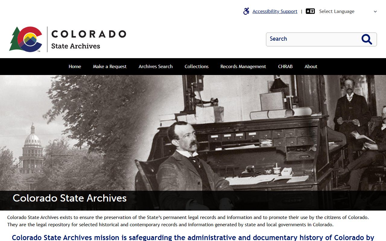 Colorado State Archives homepage showing research resources